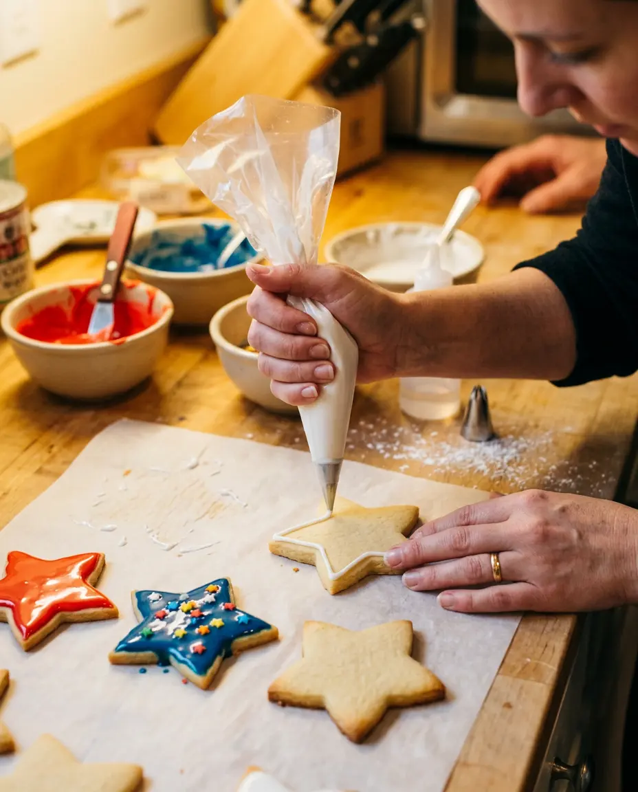 Hands piping white royal icing onto a star-shaped July 4th sugar cookie on a parchment-lined counter