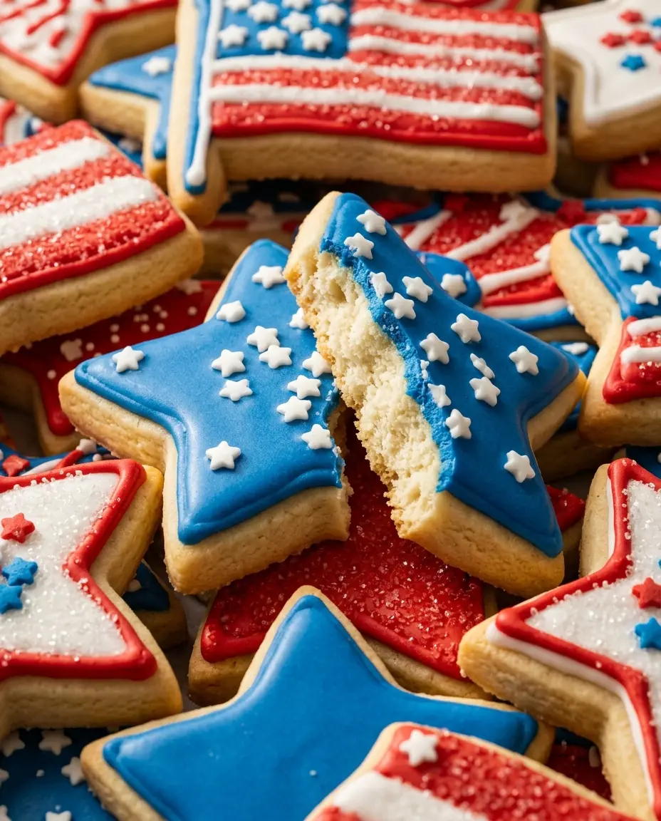 Close-up of July 4th sugar cookies with one broken open showing a tender shortbread-like crumb inside