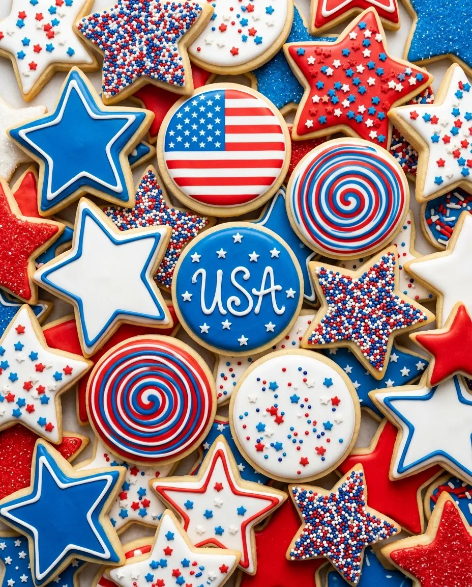 July 4th Sugar Cookies: Festive & Fun (Easy) Overhead view of densely packed July 4th sugar cookies decorated in red, white, and blue royal icing with sprinkles