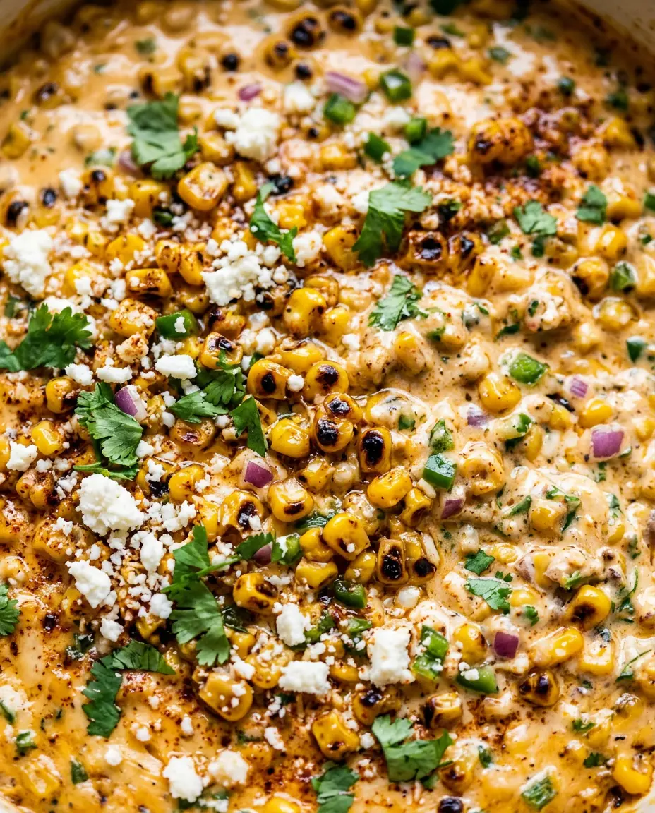 Mexican Street Corn Dip — Creamy Elote Style Overhead close-up of warm mexican street corn dip with charred corn, cotija crumbles, cilantro, and chili powder