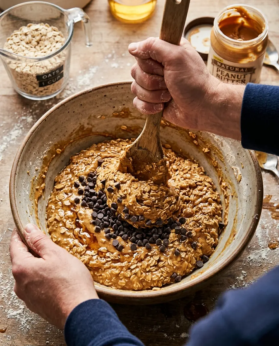 No-Bake Protein Bars: Chewy Peanut Butter Snack Hands folding no-bake protein bar dough with peanut butter, oats, and chocolate chips in a mixing bowl