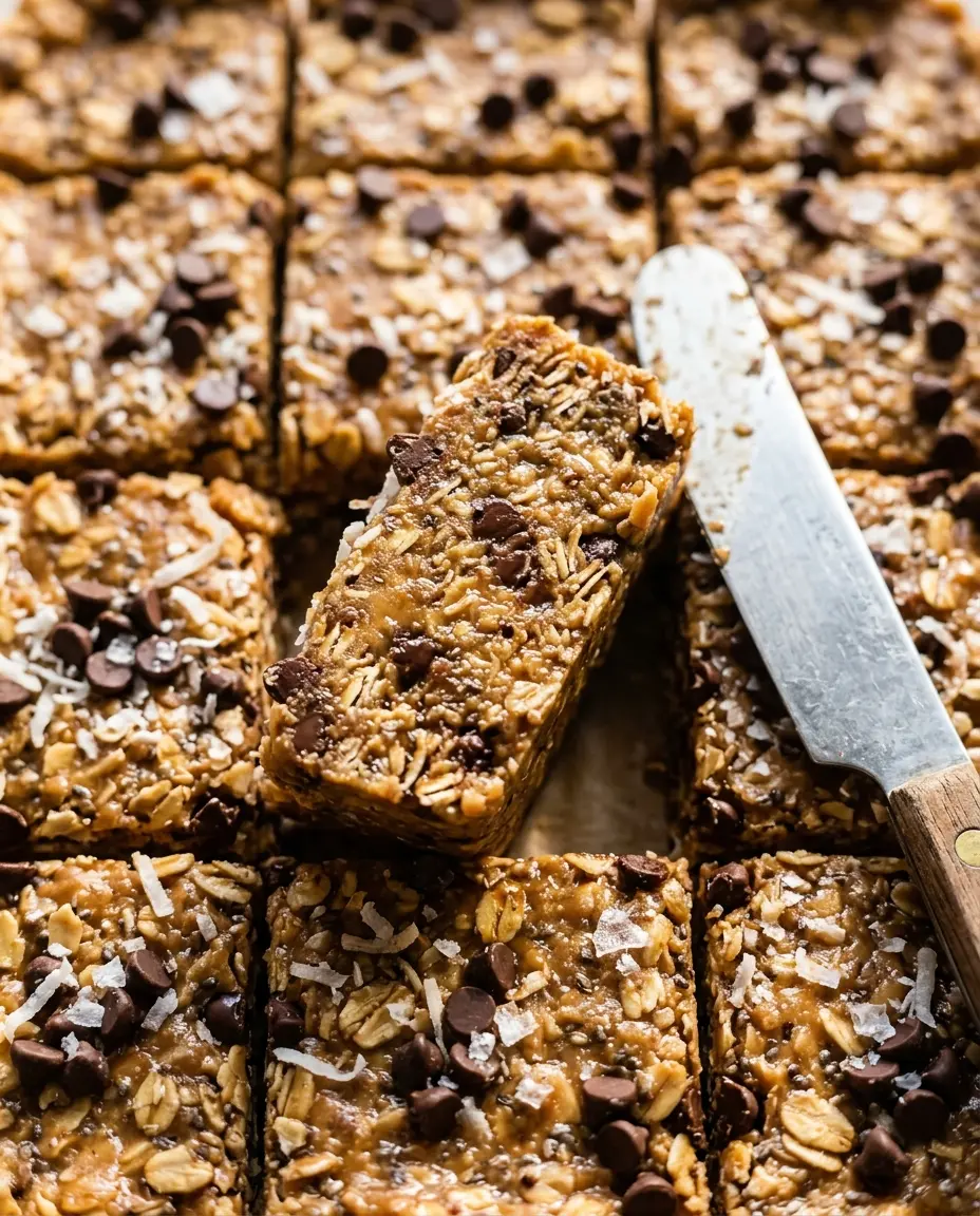 No-Bake Protein Bars: Chewy Peanut Butter Snack Close-up cross-section of a sliced no-bake protein bar showing peanut butter, oats, and chocolate chips