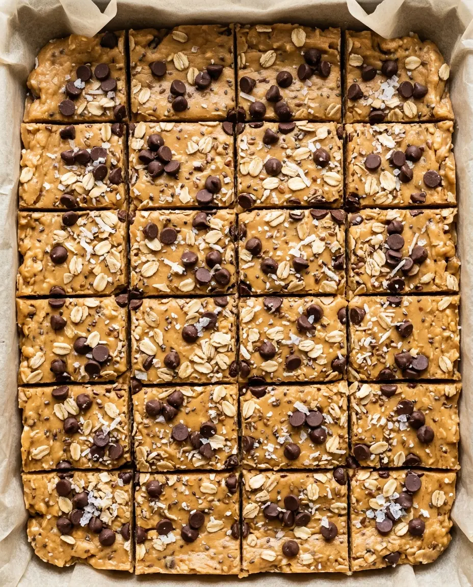 No-Bake Protein Bars: Chewy Peanut Butter Snack Overhead close-up of sliced no-bake protein bars with chocolate chips, oats, and sea salt on parchment