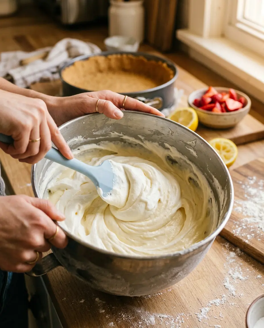 No Bake Strawberry Cheesecake — Fresh & Creamy Spatula folding whipped cream into cream cheese batter for no bake strawberry cheesecake with crust in background