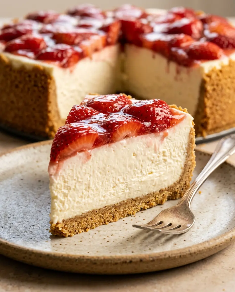 No Bake Strawberry Cheesecake — Fresh & Creamy Close-up slice of no bake strawberry cheesecake showing layered crust, creamy filling, and glazed strawberries