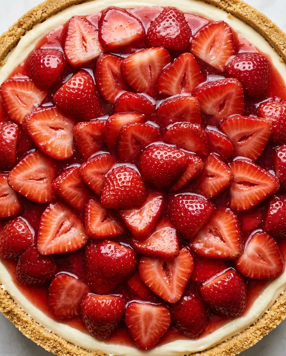 No Bake Strawberry Cheesecake — Fresh & Creamy Overhead view of a whole no bake strawberry cheesecake covered in glossy glazed strawberry slices