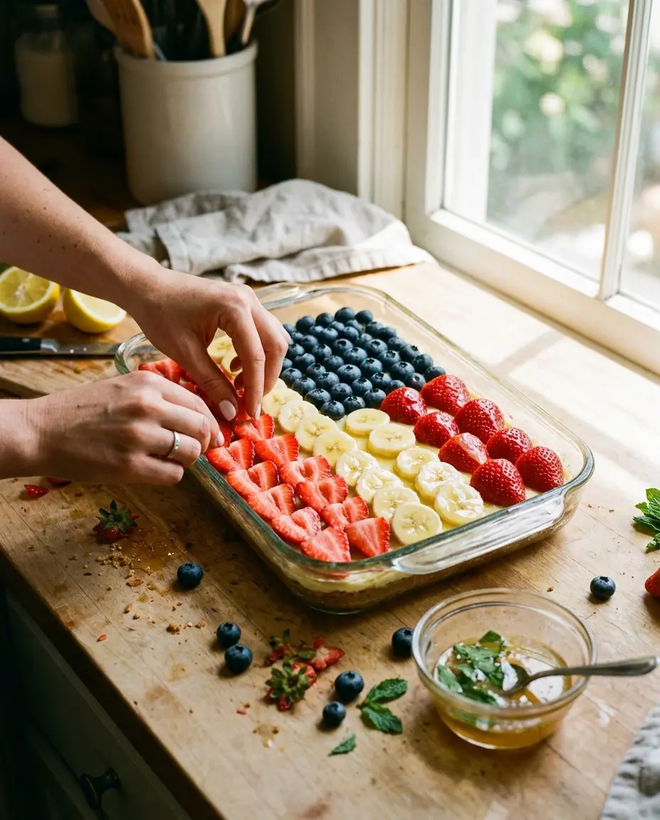 Hands arranging strawberry stripes in a glass dish to assemble a patriotic fruit salad flag pattern