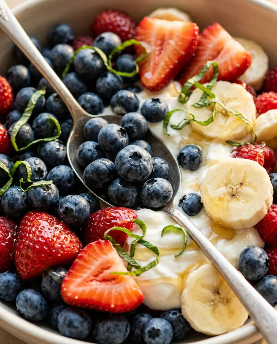 Low-angle close-up of patriotic fruit salad with glistening strawberries, blueberries, and mint garnish