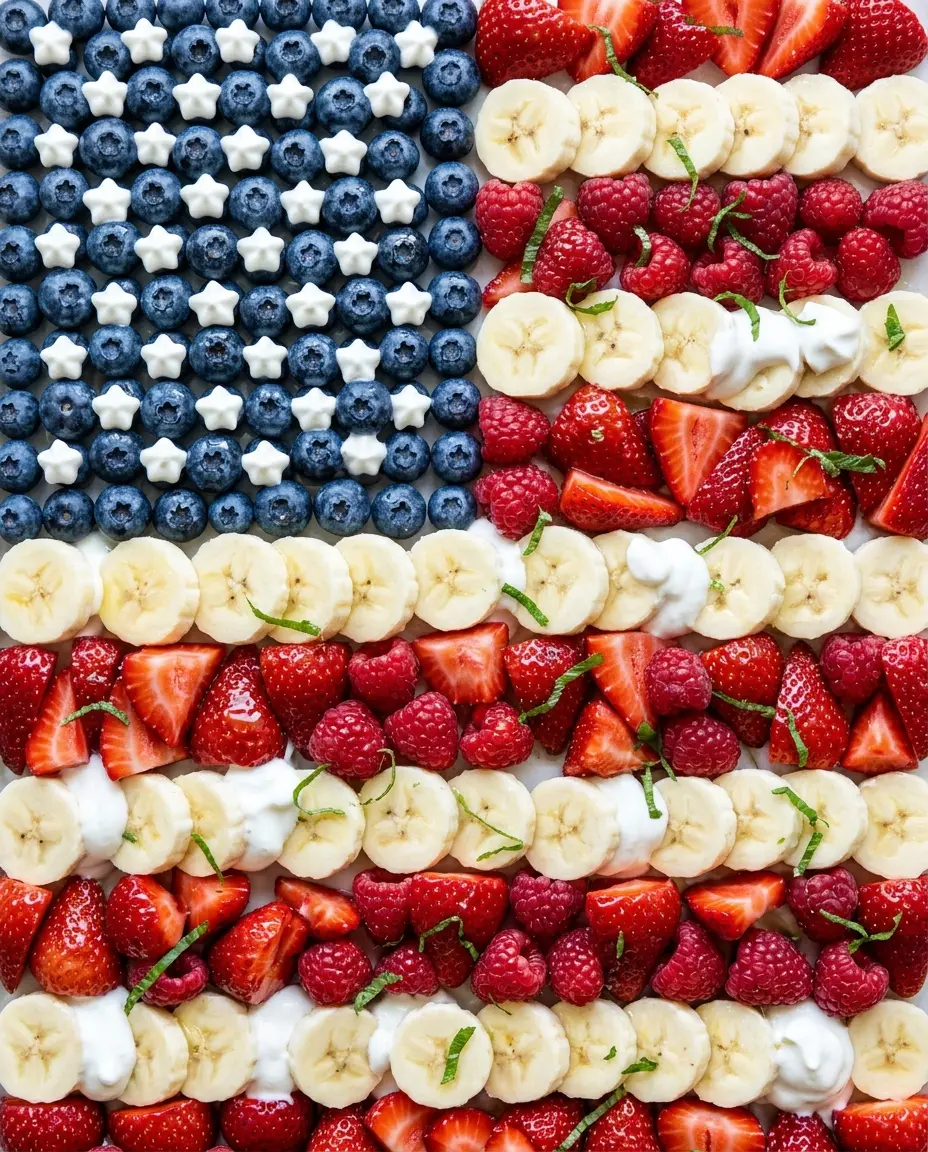 Patriotic Fruit Salad: Red White & Blue Bites Overhead close-up of a patriotic fruit salad arranged as an American flag with strawberries and blueberries