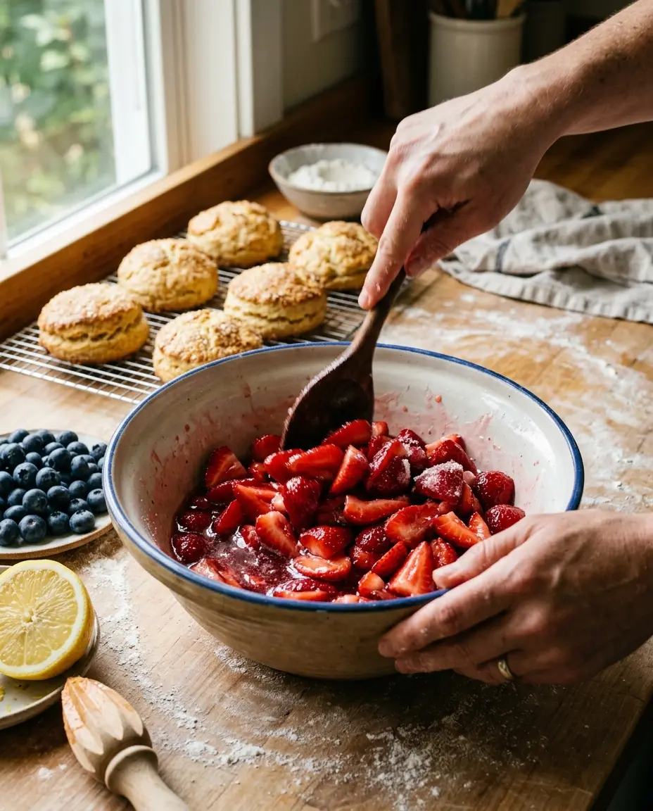 Patriotic Strawberry Shortcake — Easy July 4th Dessert Hands macerating strawberries in a bowl with biscuits cooling on a rack for patriotic strawberry shortcake