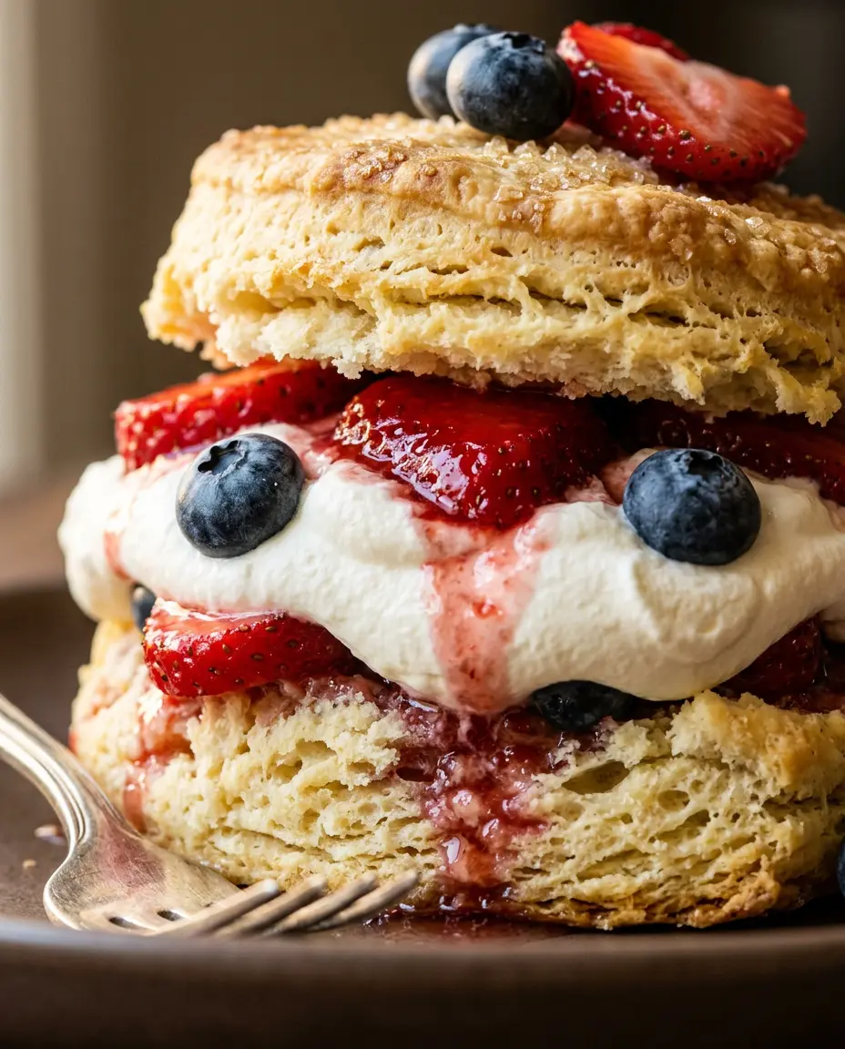 Patriotic Strawberry Shortcake — Easy July 4th Dessert Low-angle view of patriotic strawberry shortcake split open with cream, strawberries, and blueberries