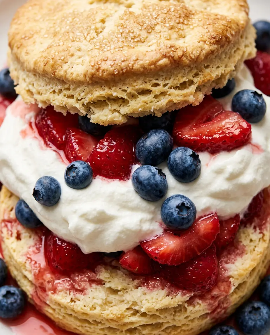 Patriotic Strawberry Shortcake — Easy July 4th Dessert Overhead close-up of patriotic strawberry shortcake with whipped cream, macerated strawberries, and blueberries