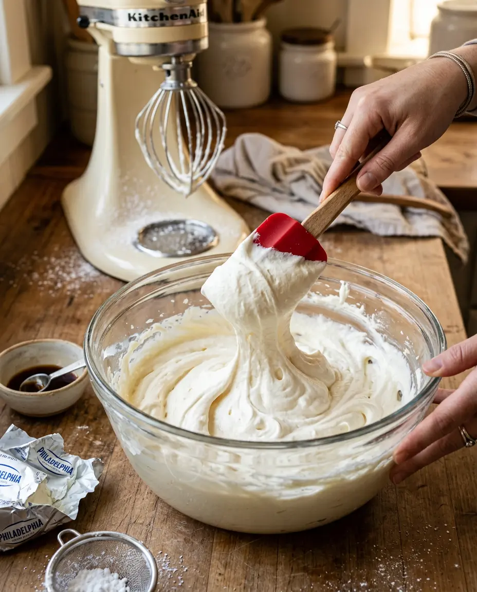 Spatula folding whipped cream into cream cheese mixture in a glass bowl for red white blue cheesecake