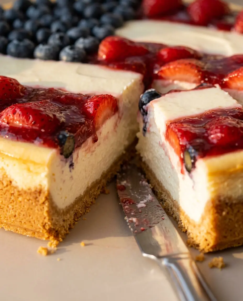 Sliced red white blue cheesecake bar showing graham crust, creamy filling, and berry flag topping