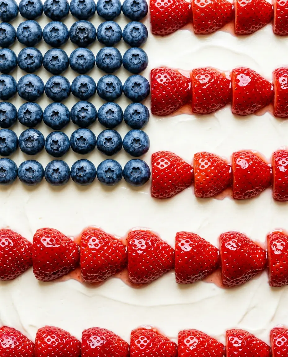 Red White and Blue Cheesecake — No Bake Overhead close-up of a red white blue cheesecake with blueberries and strawberries in an American flag pattern