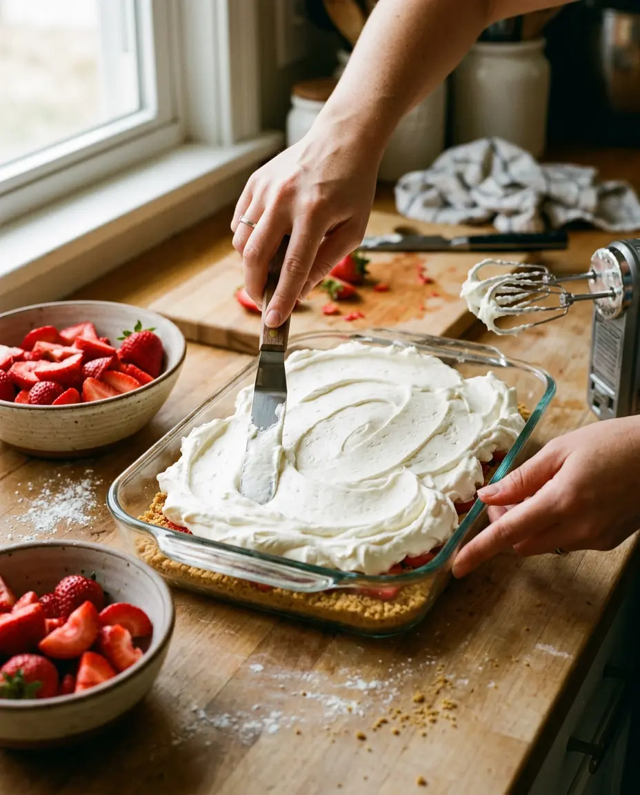 Strawberry Icebox Cake: Layered No-Bake Dessert Hands spreading whipped cream filling over graham crackers while assembling a strawberry icebox cake