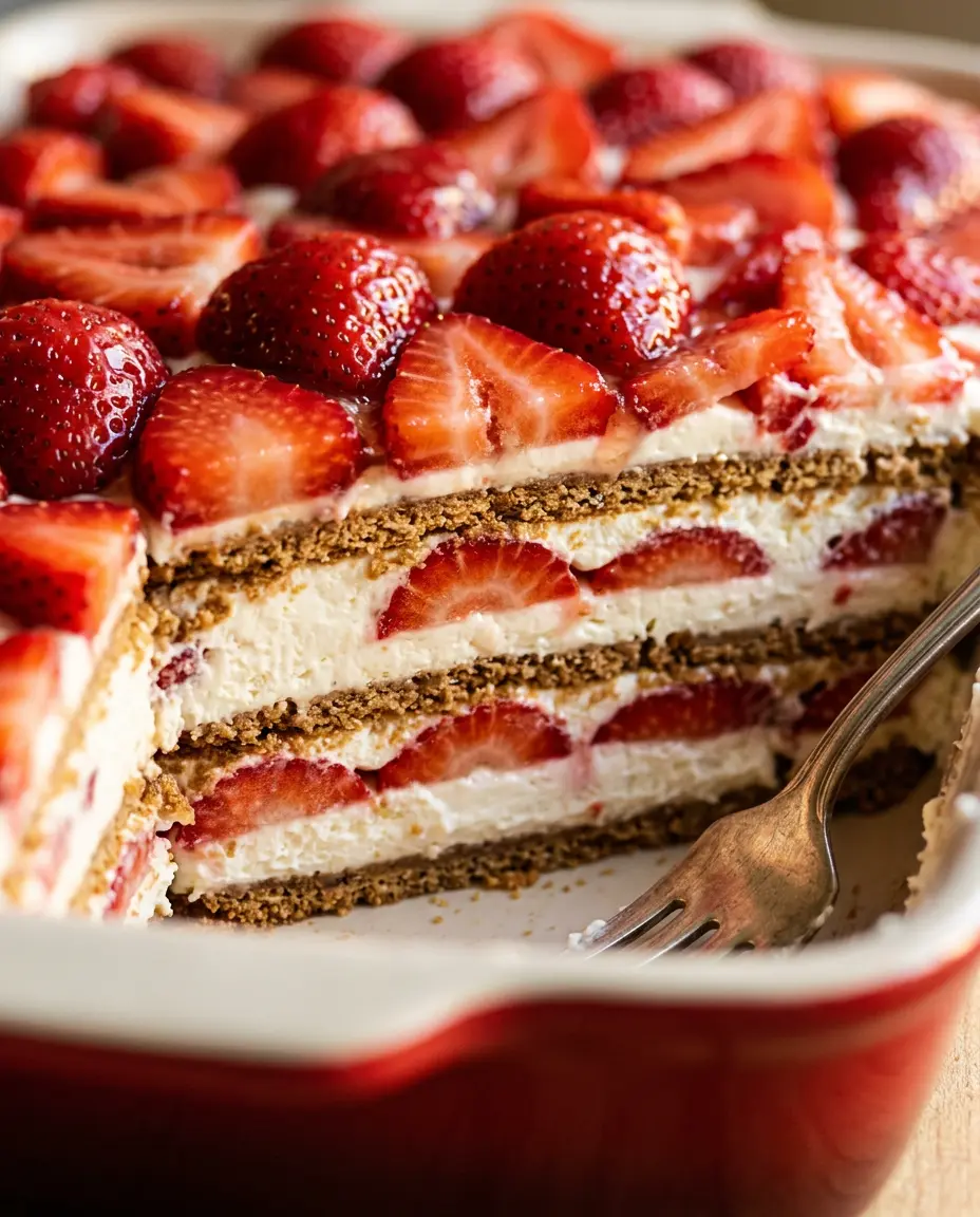 Strawberry Icebox Cake: Layered No-Bake Dessert Cross-section of sliced strawberry icebox cake showing layers of graham crackers, cream, and strawberries