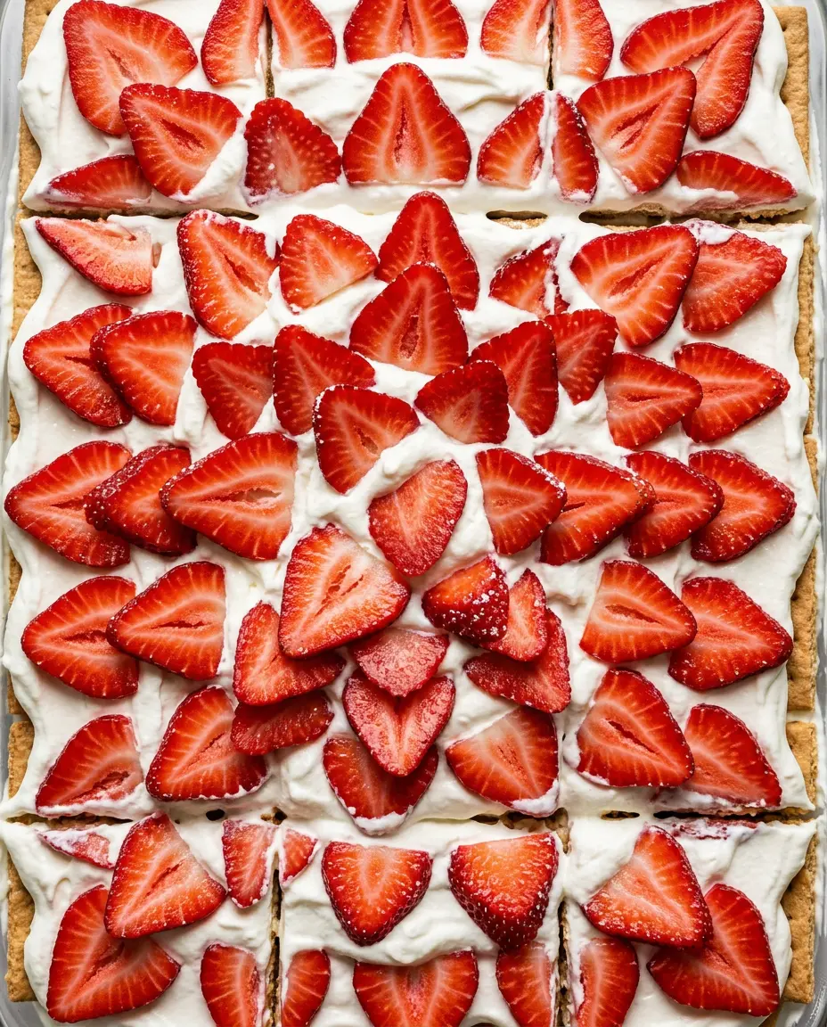 Strawberry Icebox Cake: Layered No-Bake Dessert Overhead view of strawberry icebox cake with bright red berry slices arranged over white whipped cream filling