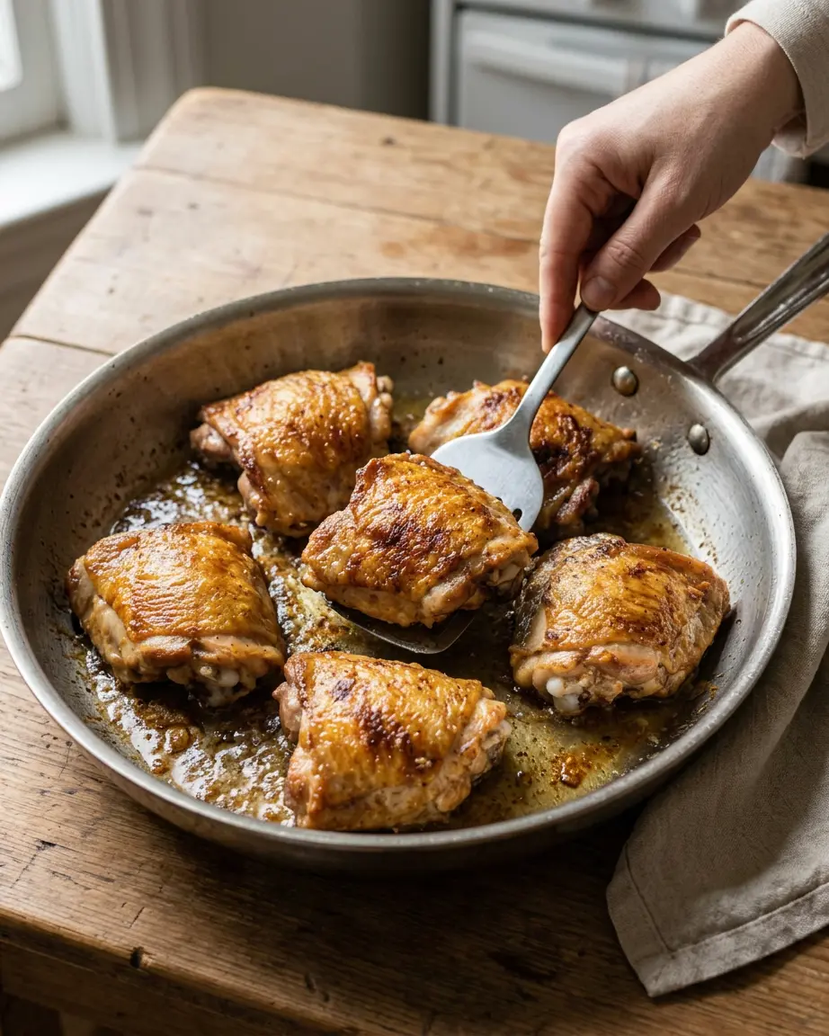 Apple cider chicken thighs browning skin-side down in a skillet with a spatula turning one thigh.