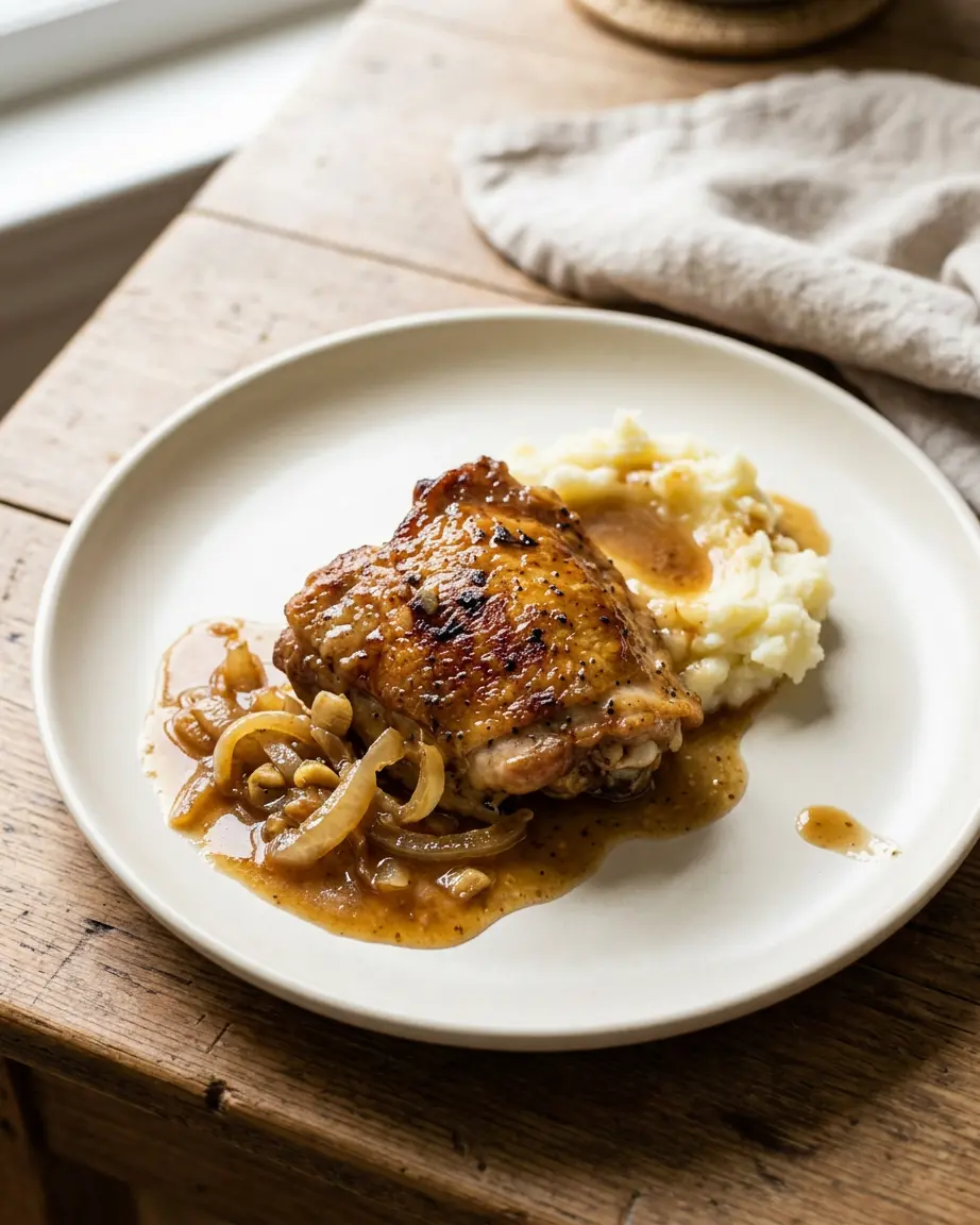 Apple cider chicken thighs with sauce, softened onion, and mashed potatoes on a warm-white plate.