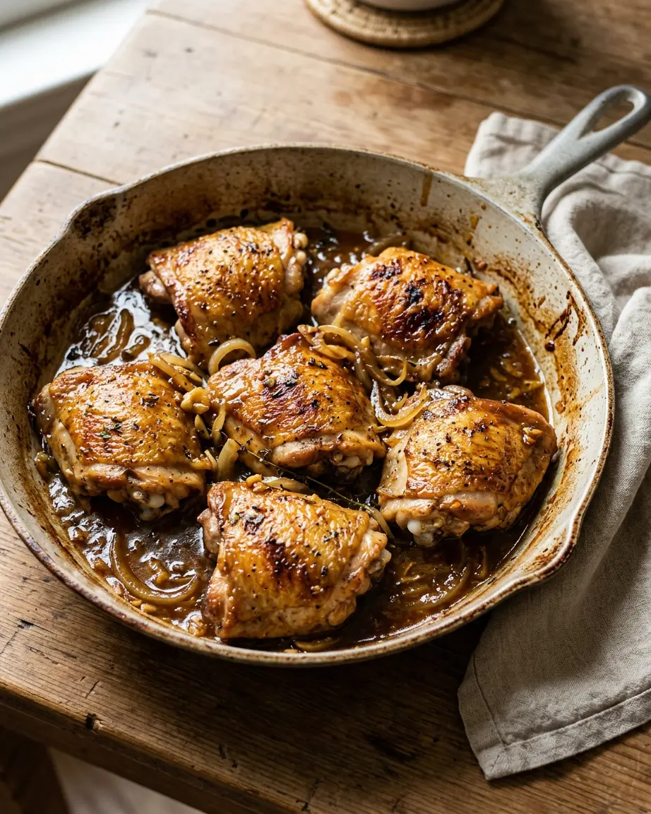 Apple cider chicken thighs with crisp golden skin, apple cider sauce, and softened onion in a skillet.