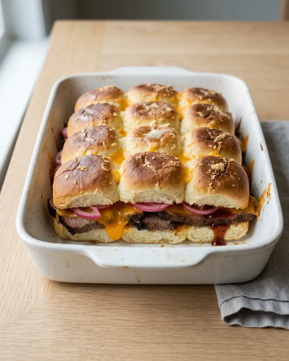 Brisket sliders with Hawaiian rolls, cheddar, barbecue-coated brisket, and pickled onions.