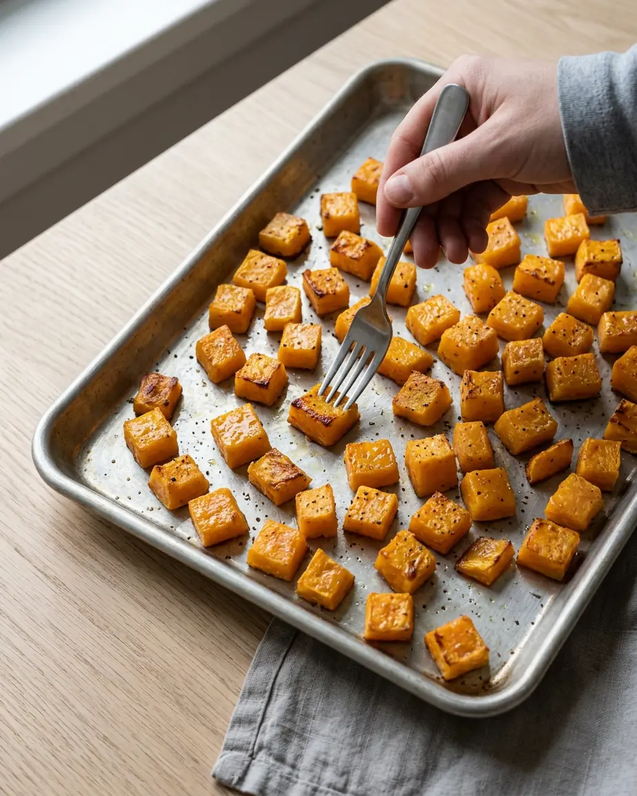Butternut squash cubes roasting with olive oil, salt, and pepper for butternut squash mac and cheese