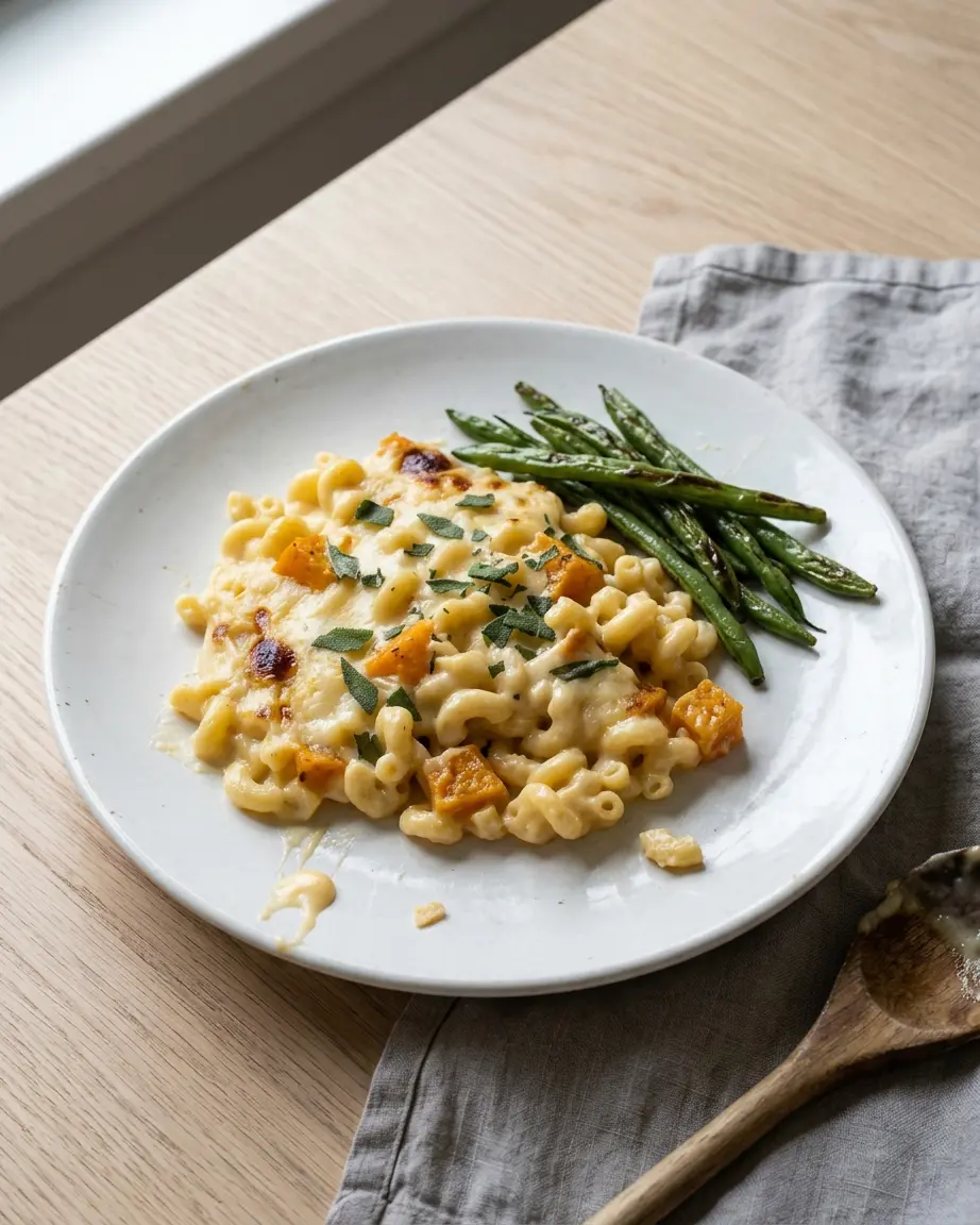 Butternut squash mac and cheese with roasted squash and green beans on a white plate