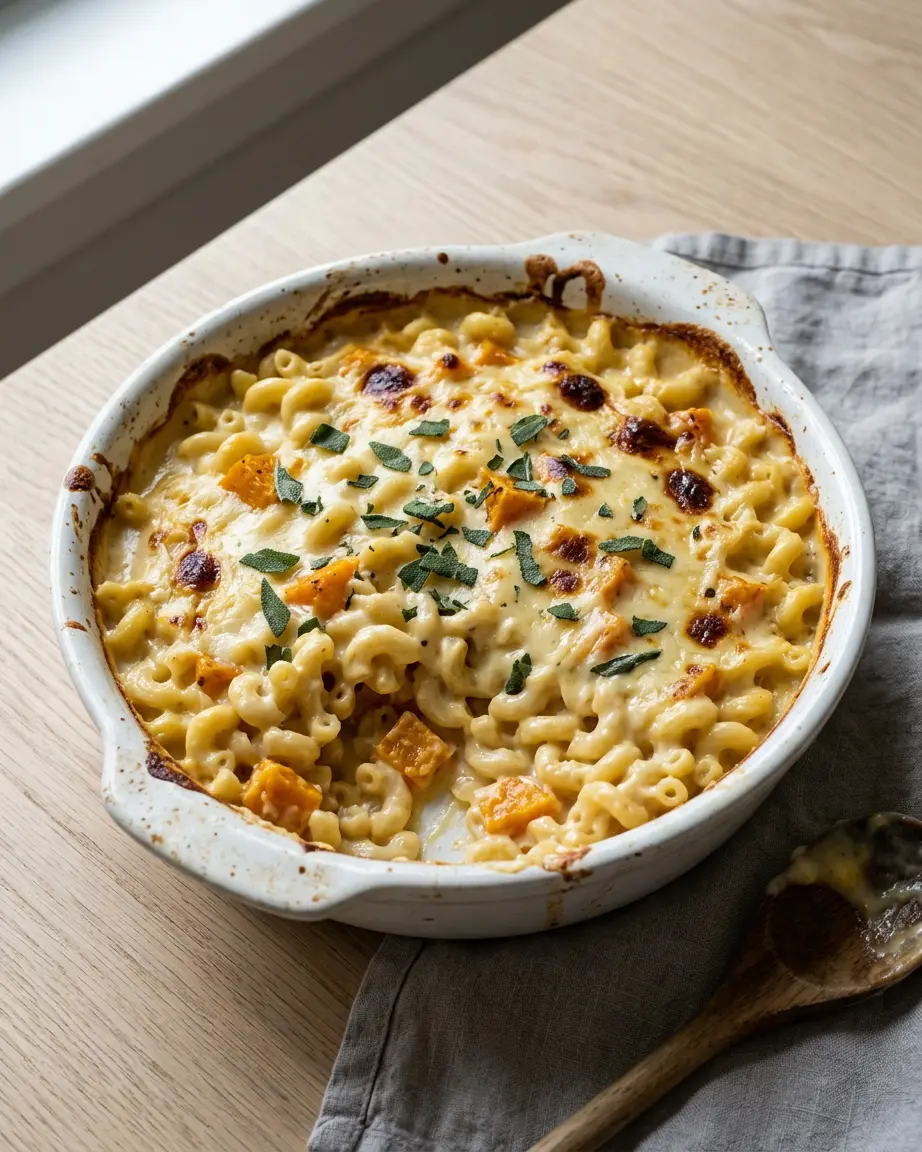 Butternut squash mac and cheese with roasted squash and browned edges in a white baking dish