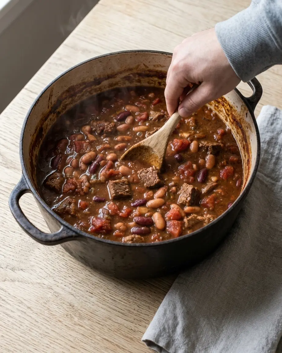 Leftover Brisket Chili: Rich, Smoky Comfort Food Leftover brisket chili simmering with brisket, beans, tomatoes, and a wooden spoon.