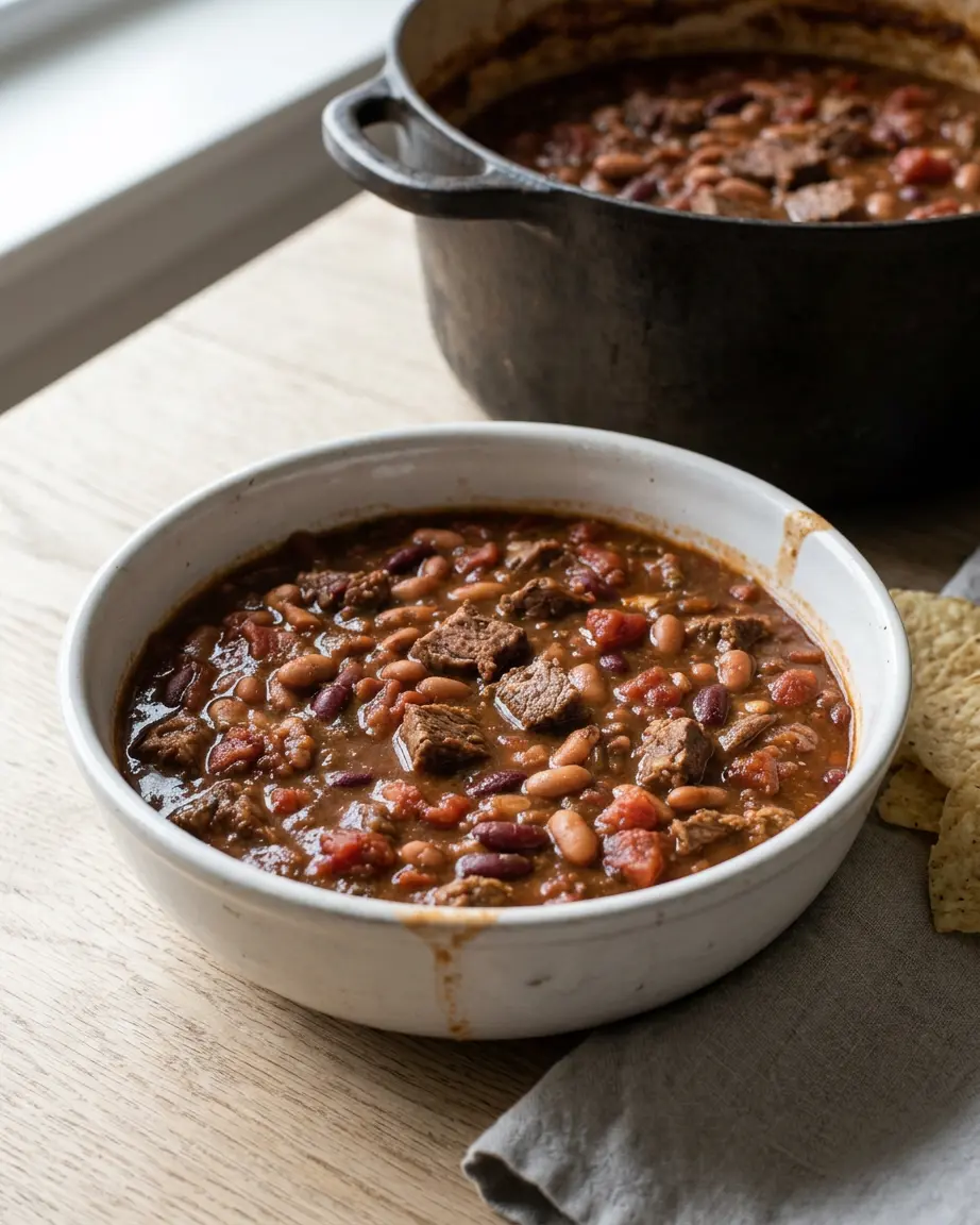 Leftover Brisket Chili: Rich, Smoky Comfort Food Leftover brisket chili with brisket, beans, tomatoes, and tortilla chips in a white bowl.
