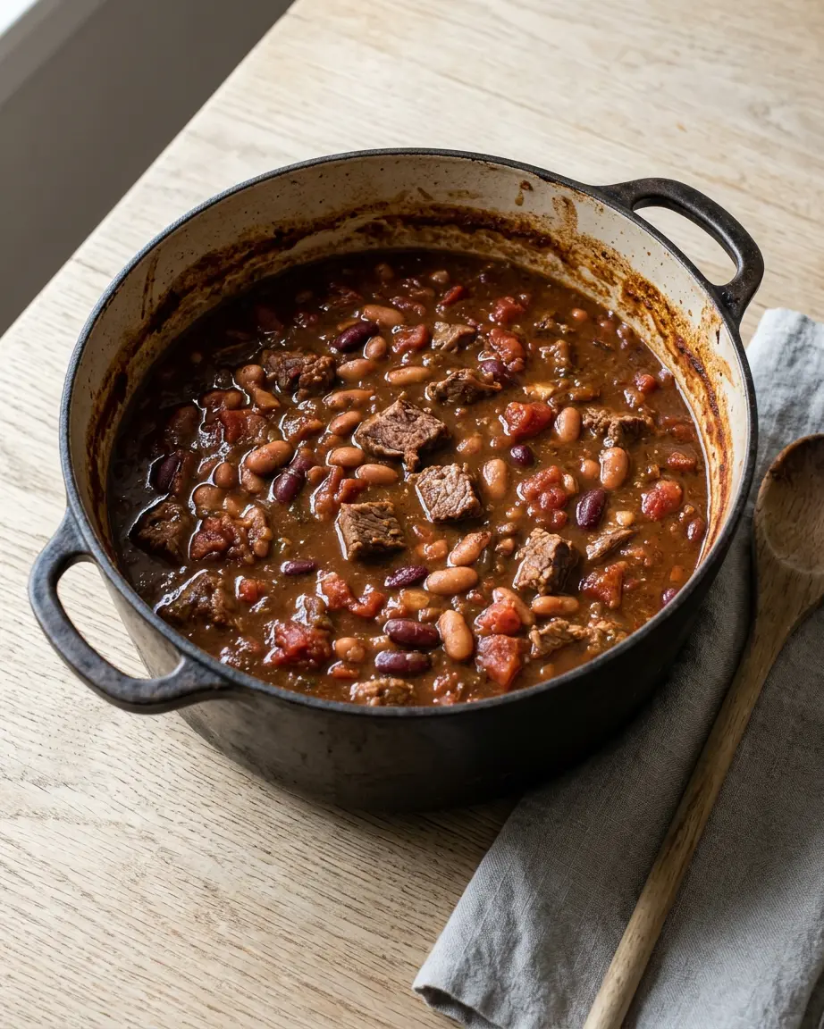 Leftover Brisket Chili: Rich, Smoky Comfort Food Leftover brisket chili with brisket, pinto beans, kidney beans, and tomatoes in a Dutch oven.