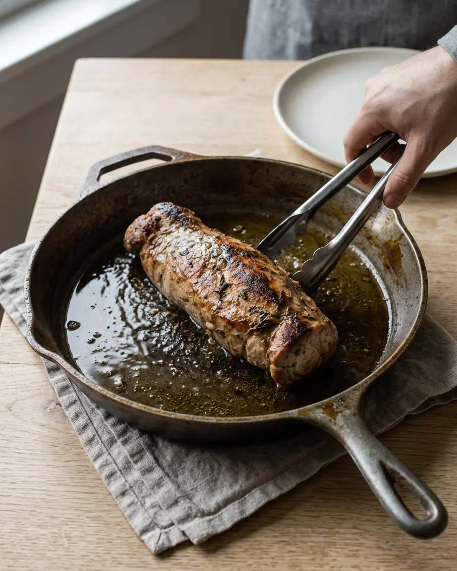 Pork Tenderloin With Apples for Cozy Family Dinners Pork tenderloin with apples recipe step, searing browned pork in olive oil with tongs.