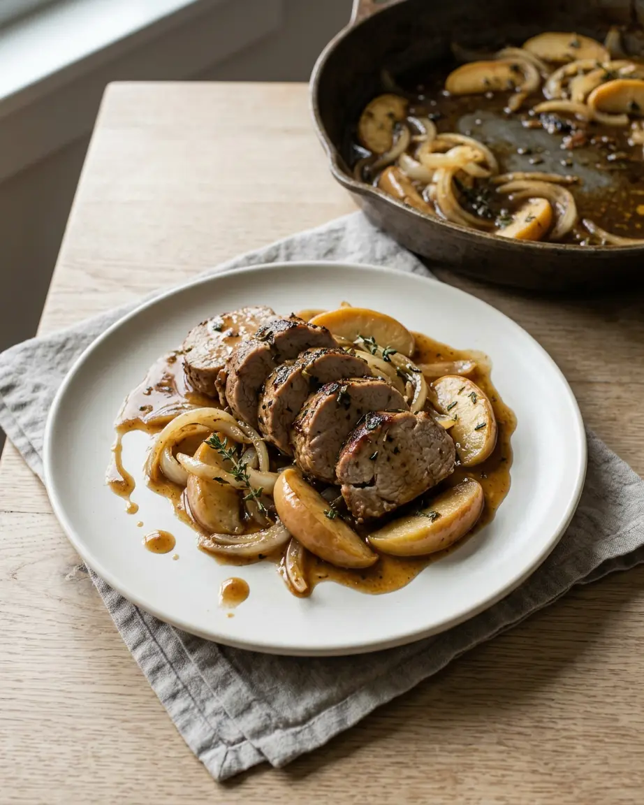 Pork Tenderloin With Apples for Cozy Family Dinners Sliced pork tenderloin with apples, onions, thyme, and glossy cider sauce on a white plate.