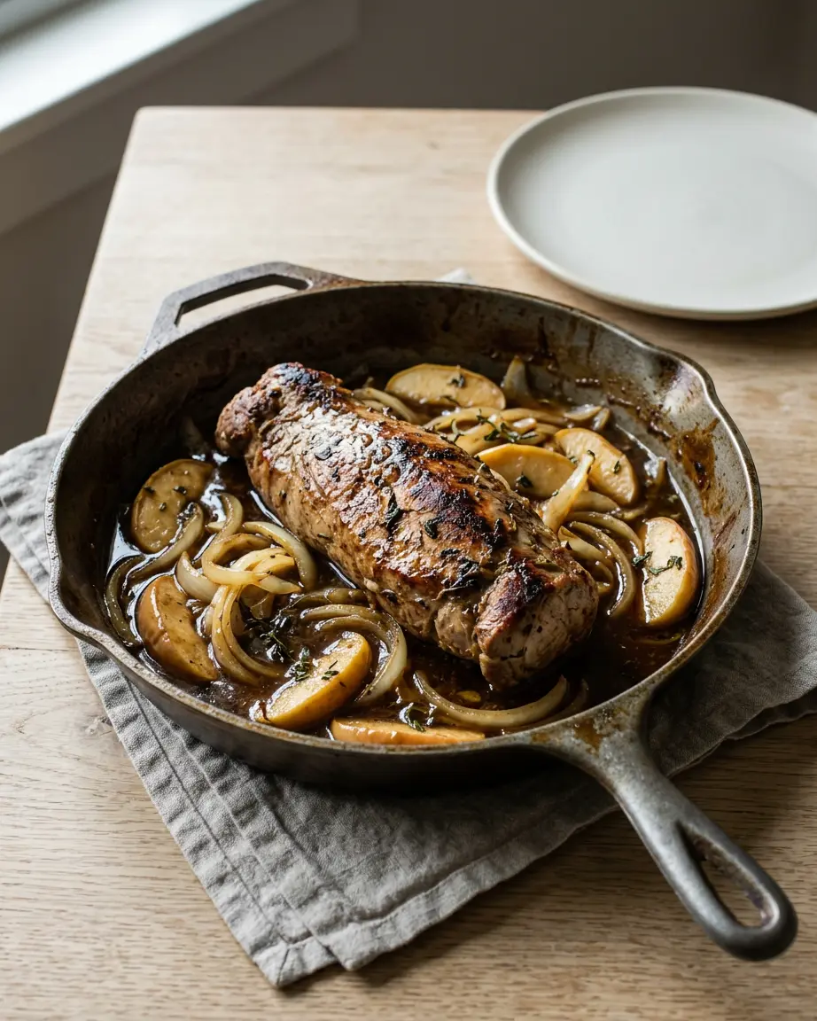 Pork tenderloin with apples, onions, thyme, and glossy cider sauce in a skillet.