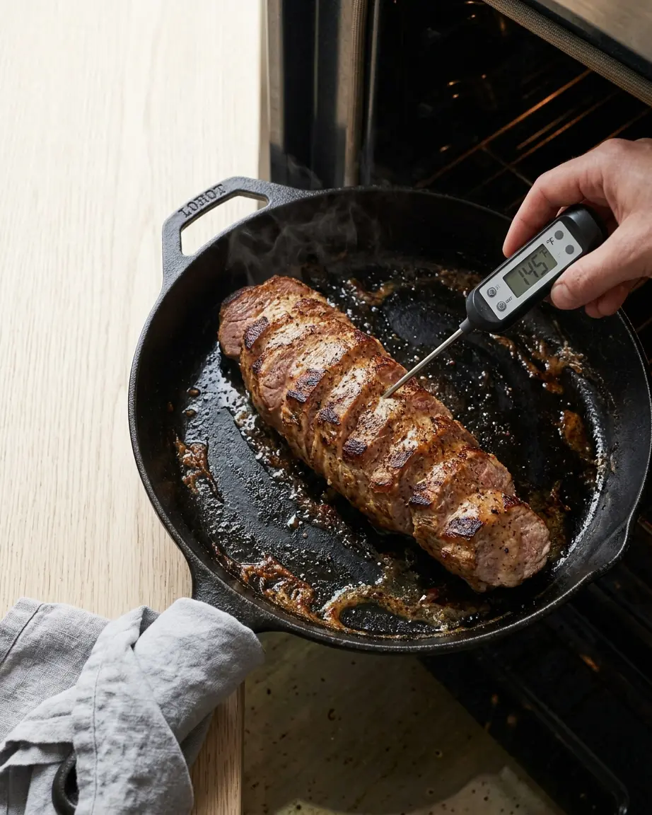 Pork tenderloin with mustard sauce being checked at 145°F with a thermometer.