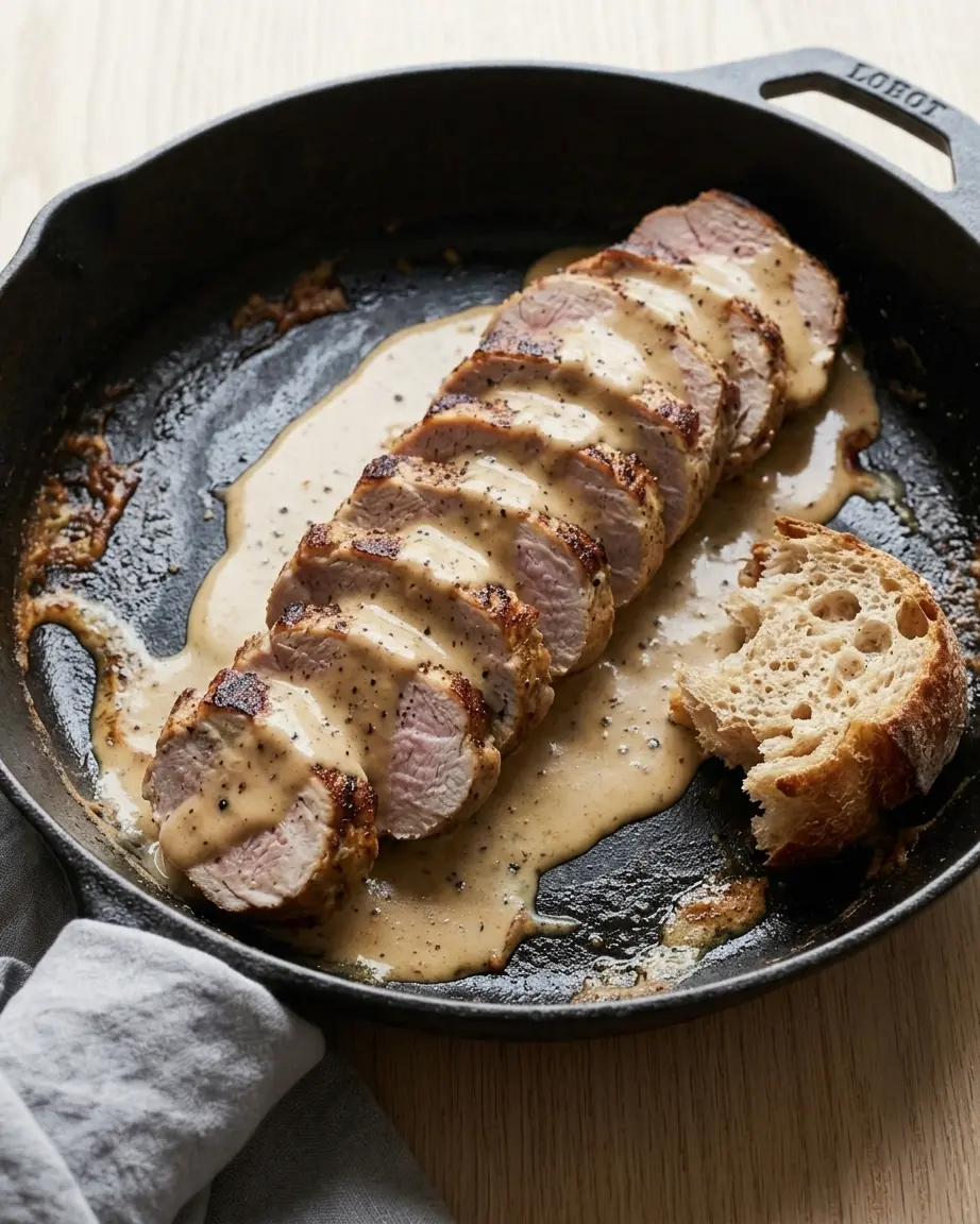Pork tenderloin with mustard sauce served in a skillet with crusty bread.