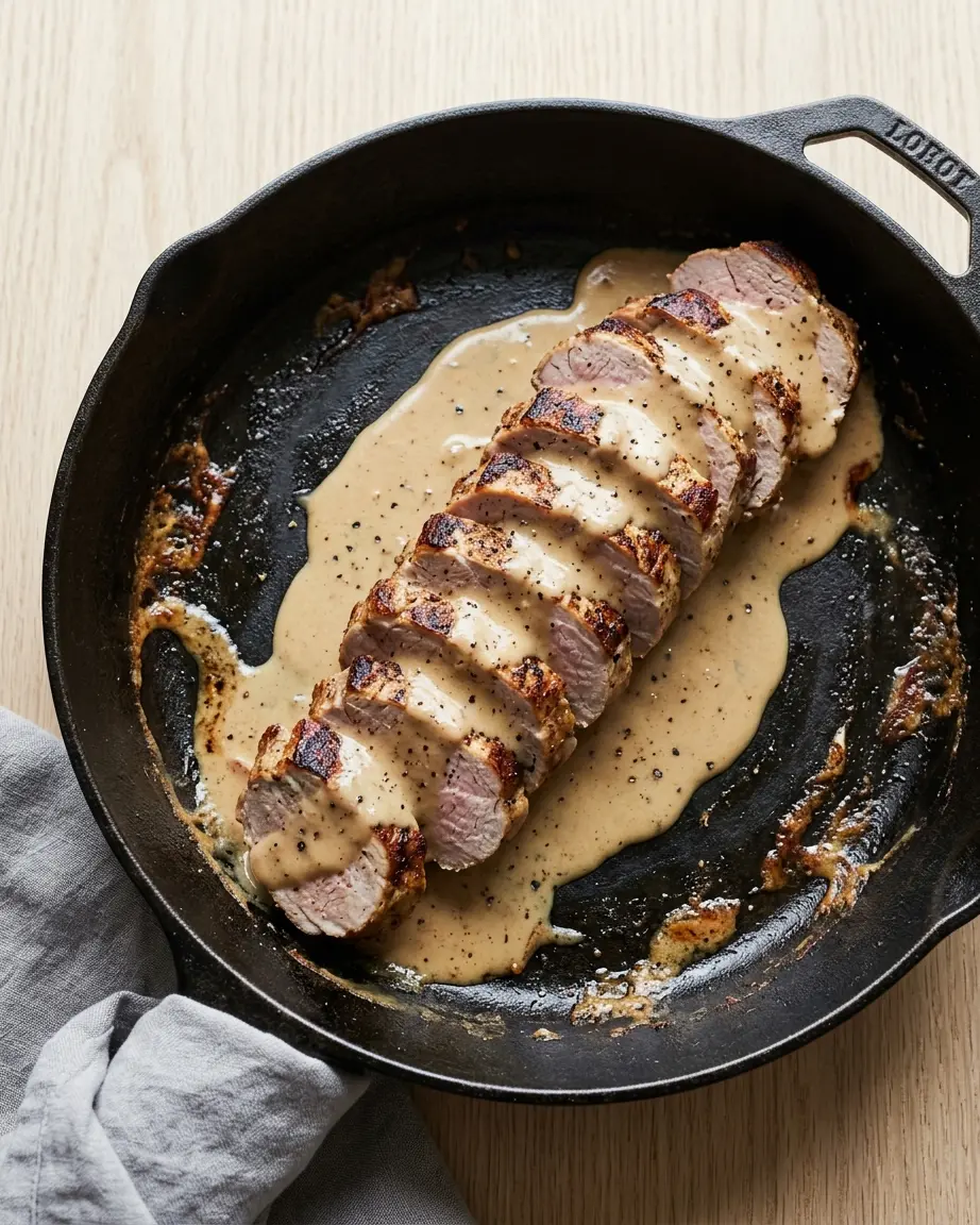 Pork tenderloin with mustard sauce, sliced with creamy sauce in a skillet.