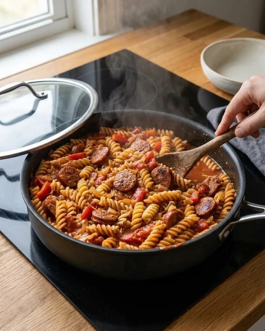 Smoked Sausage Pasta For A Cozy One-Pot Dinner Smoked sausage pasta simmers in a skillet as a wooden spoon stirs rotini, sausage, tomatoes, onion, and red pepper.