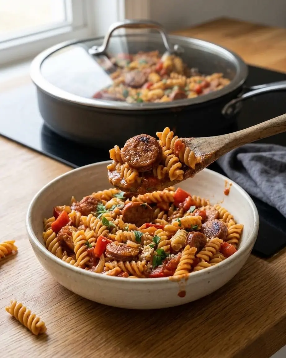 Smoked Sausage Pasta For A Cozy One-Pot Dinner Smoked sausage pasta in a cream bowl, with rotini and browned sausage lifted on a wooden spoon.