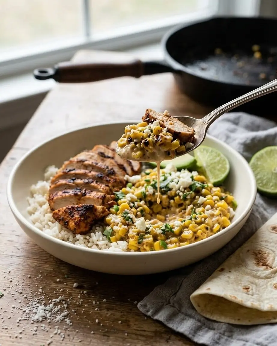 Street Corn Chicken Rice Bowl For Easy Dinners Street corn chicken rice bowl with corn, cotija, rice, chicken, tortilla and lime