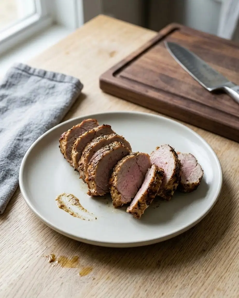 Sliced air fryer pork tenderloin with browned herb coating and pink centers
