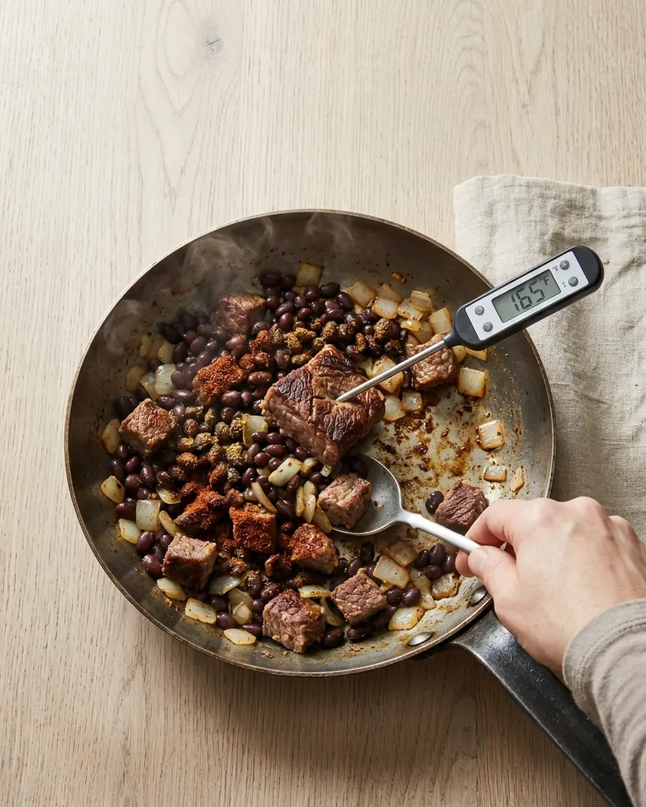 Brisket Nachos That Turn Leftovers Into A Feast Brisket nachos process with brisket, beans, onion, chili powder, cumin, and a 165°F thermometer.