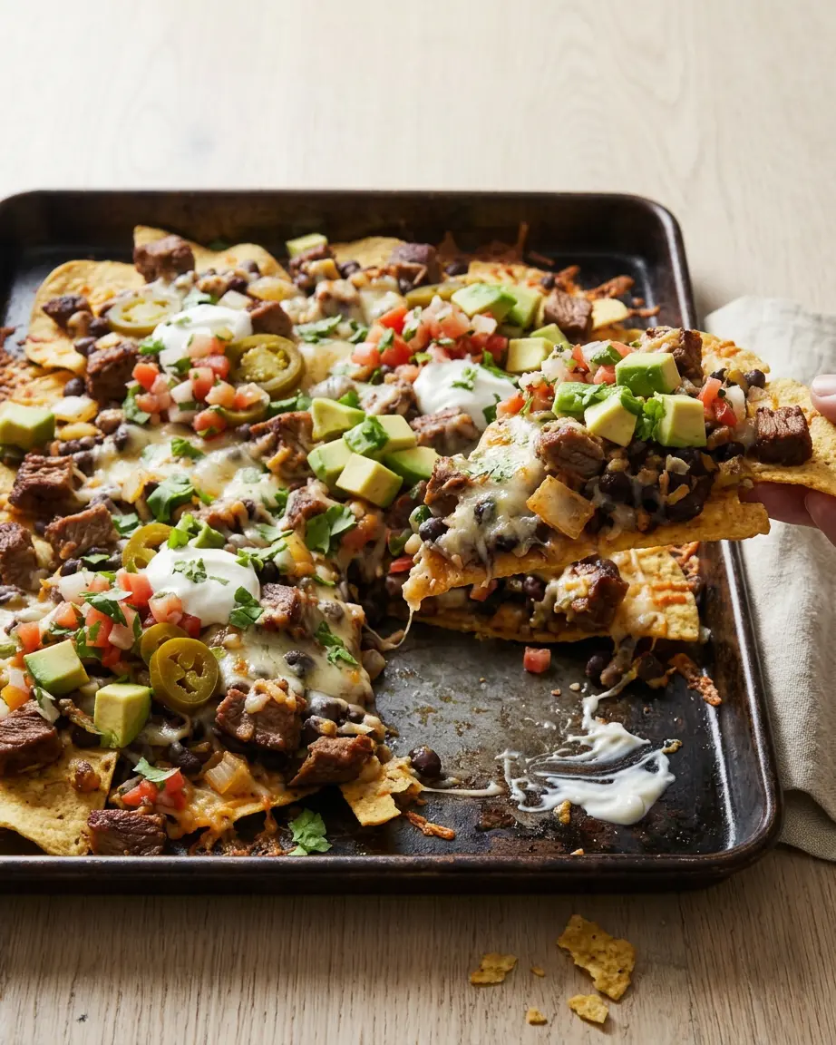 Brisket Nachos That Turn Leftovers Into A Feast Brisket nachos on a baking sheet as a layered chip portion is lifted.