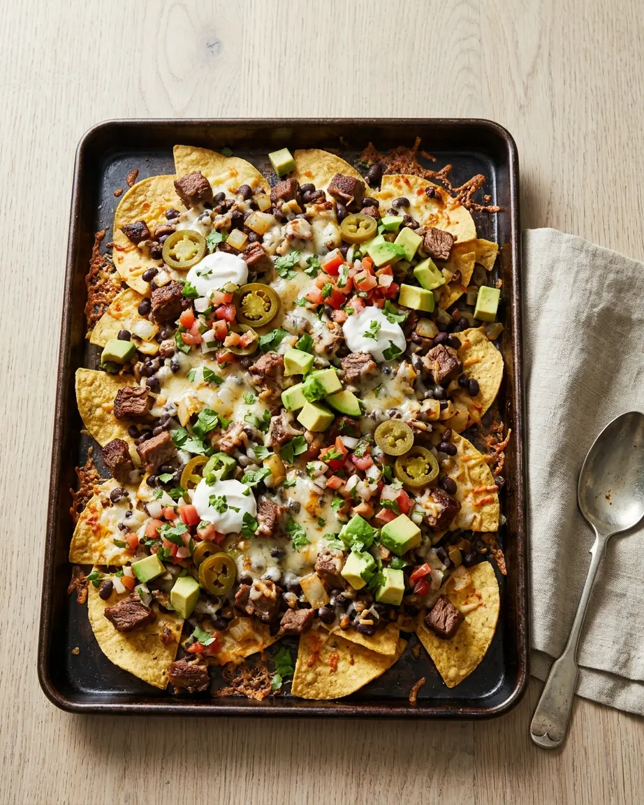 Brisket nachos with melted cheese, beans, jalapeños, pico de gallo, avocado, sour cream, and cilantro.