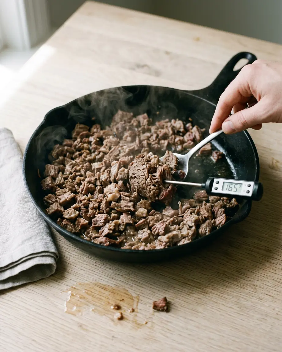 Brisket Quesadillas With Crispy, Cheesy Edges Meat for brisket quesadillas steaming in a skillet with a thermometer reading 165°F.