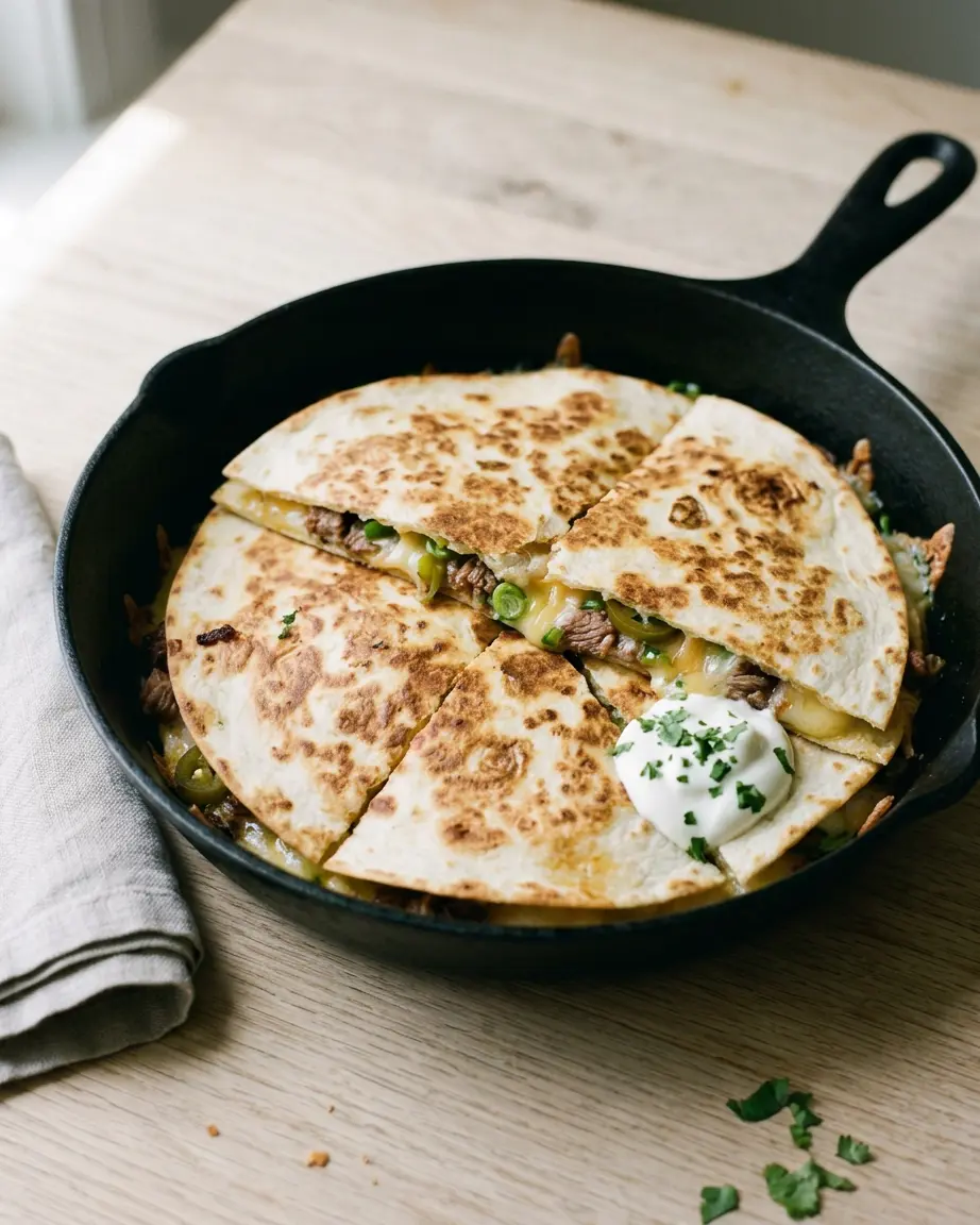 Brisket Quesadillas With Crispy, Cheesy Edges Brisket quesadilla wedges with meat, melted cheese, green pieces, and white herb sauce.