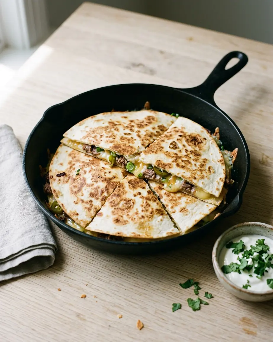 Brisket Quesadillas With Crispy, Cheesy Edges Brisket quesadillas with melted cheese, shredded meat, and green pieces in a black skillet.