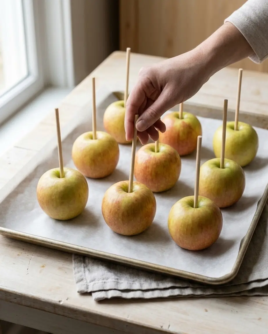 Caramel Apples: Make Homemade Treats Everyone Loves Eight uncoated apples with wooden sticks on parchment, with a hand adjusting one stick for caramel apples.