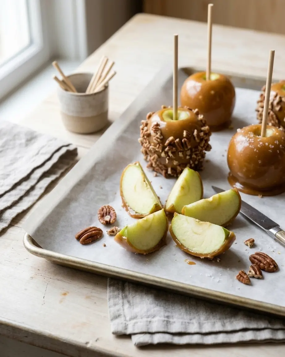 Caramel Apples: Make Homemade Treats Everyone Loves Caramel apples with pecans and flaky salt beside cut caramel apple wedges, loose pecans, and a knife.
